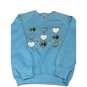 Vintage 90s Fruit‎ of the Loom Blue Sweatshirt Hearts Patchwork USA M Granny